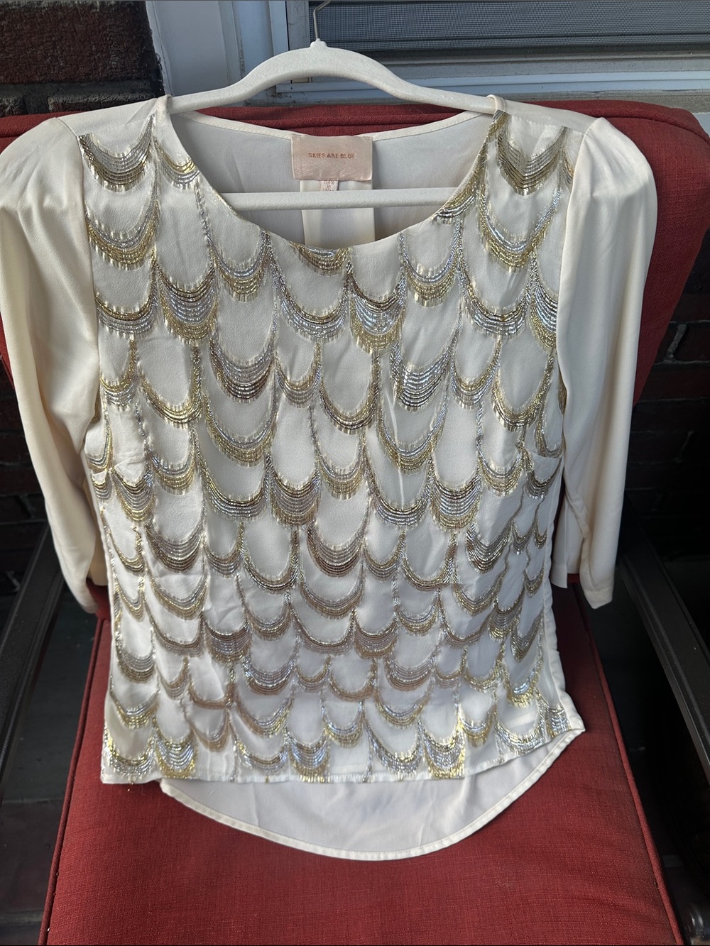 Skies Are Blue Cream Top with Gold & Silver Beaded Scallops